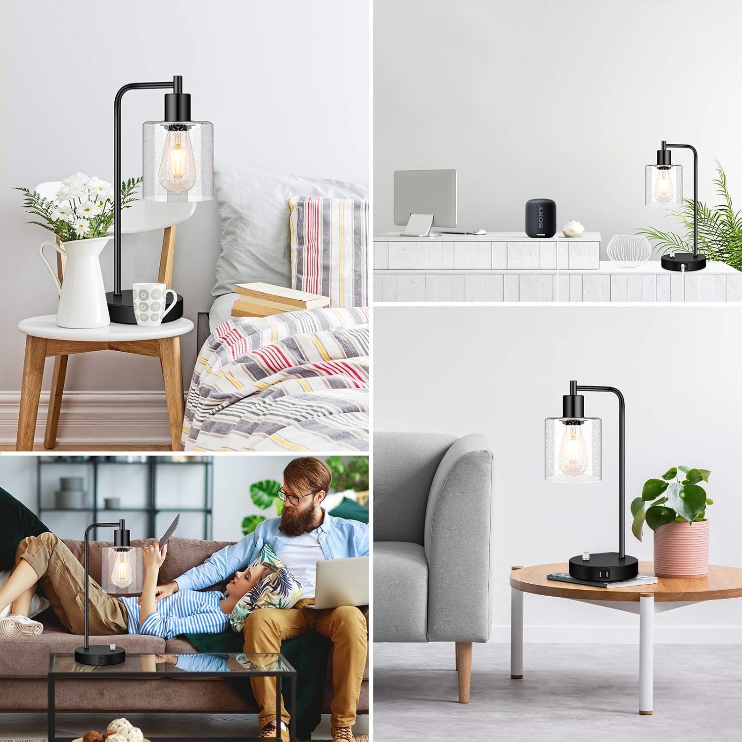 Set of 2 Fully Stepless Dimmable Industrial Table Lamps with 2 USB Ports & AC Outlet, Bedside Nightstand Desk Lamps with Seeded Glass Shades for Bedroom Dorm Living Room, 2 7W 2700K LED Bulbs Included - - 