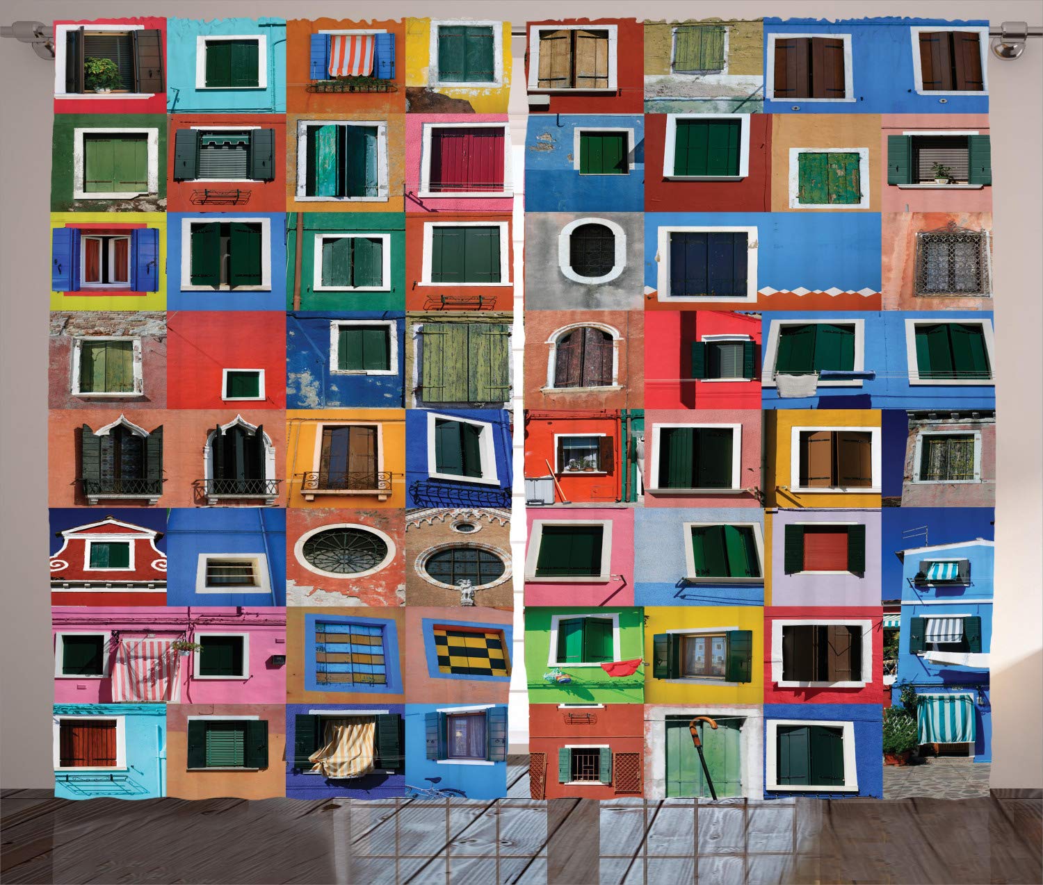 ABAKUHAUS Colorful Curtains, Mediterranean Village Colorful Painted Rustic Windows Tuscan Collage Italy Art, Living Room Bedroom Window Drapes 2 Panel Set, 89 L X 110 W, Multicolor