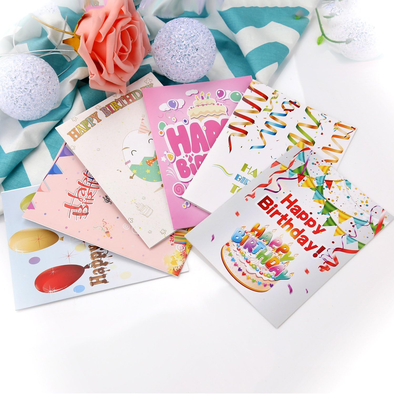 MORSLER Set of 48 Assorted Happy Birthday Greeting Cards - Have 6 Designs - With White Envelopes