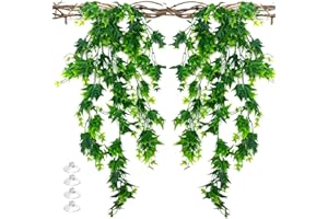 Woyrise 2Pack Reptile Plants, Terrarium Hanging Plants Vines Artificial Leaves Habitat Decorations with Suction Cups for Bearded Dragon Lizard Snake Geckos Chameleon Hermit Crab