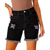 luvamia Jean Shorts for Women High Waisted Trendy Casual Distressed Stretchy Denim Long Shorts Ripped Raw Hem Shorts