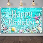 IVN Happy Birthday Backdrop Banner 71x43 Inch Aqua Blue Ocean Theme Birthday Party Decorations Photography Background Photo Booth Props for Women Girls