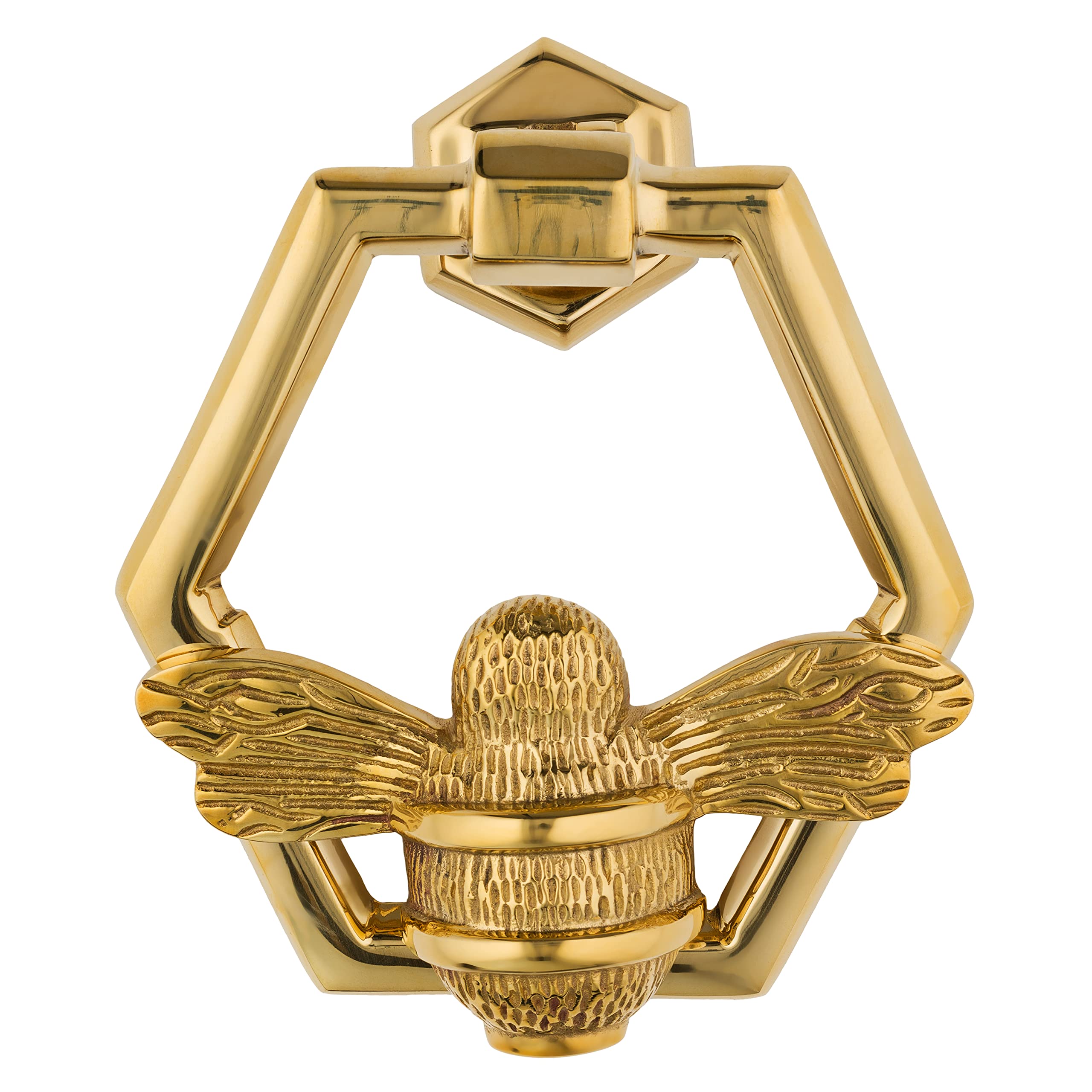 Gold Bee Door Knocker for Front Door | Polished Solid Brass Honeycomb | Brass Knockers with Strike Plate | UPVC | Bumblebee Front Door Furniture with a Unique Design