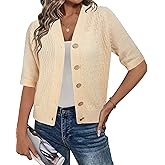 Arach&Cloz Womens Lightweight Cardigan Short Sleeve Shrugs Button Crochet Knit Fashion Sweaters Tops Cozy Clouds
