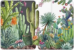 Cavka Case for Apple iPad 10.2 8th Gen 12.9 Pro 11 10.5 9.7 Air 3 Mini 5 4 3 2 1 2019/18 Cactus Auto Wake Sleep Girl Green Leaves Watercolor Flowering Slim Tropical Magnetic Closure Exotic Clear