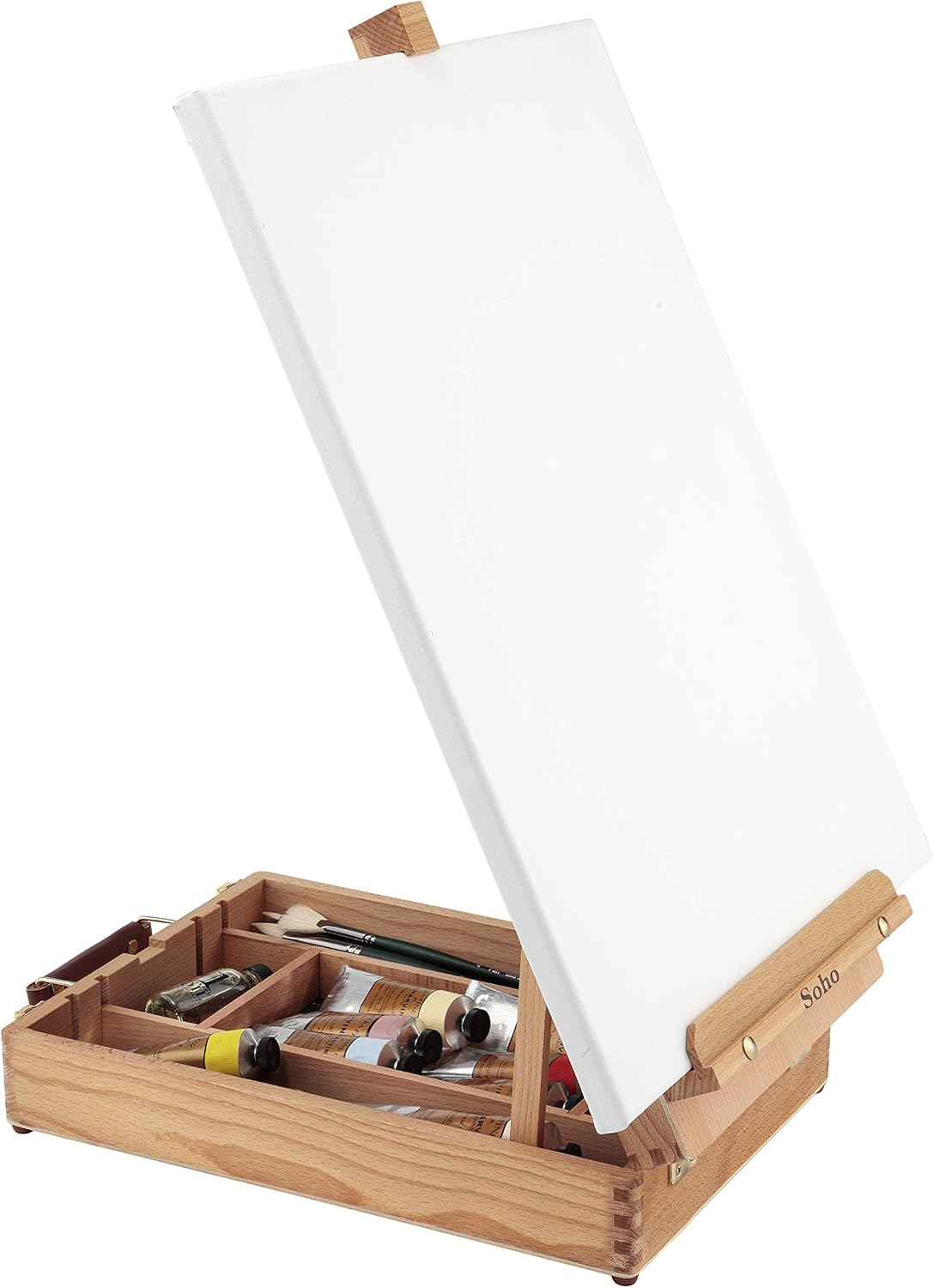 Soho Urban Artist Sketch Box and Table Artist Easel - Portable All Media Adjustable Angle Desk Top 5 Storage Compartments Case - Oiled Beech Wood