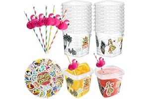 LAIAMER 20 Pcs 32 oz Ice Cream Buckets with Lids and Handles Bulk Clear Plastic Cocktail Rum Buckets Reusable Food Storage Containers Ice Cream Tub with 50 Stickers 25 Paper Straws for Party Supplies