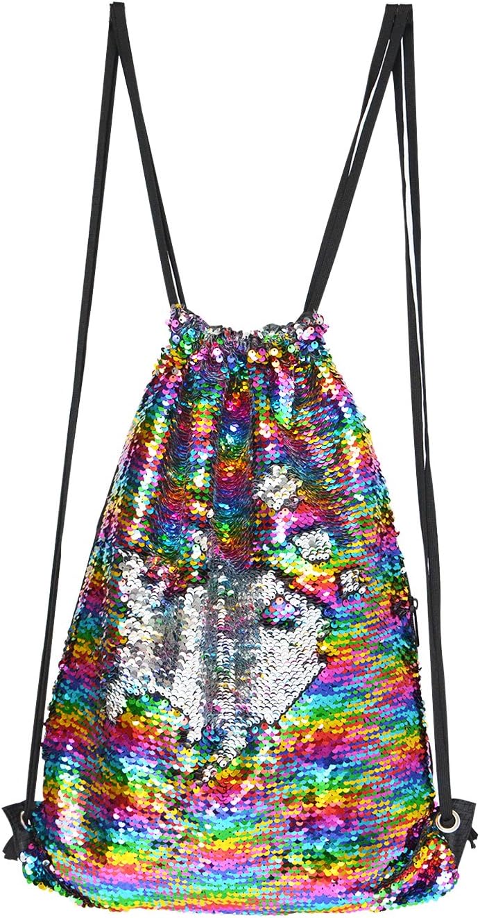 Magic Reversible Sequin Drawstring Shoulder Backpack Lightweight Sports Gym Bag