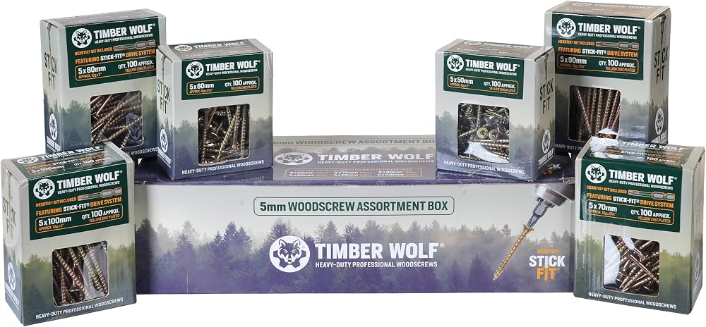 Timber Wolf 5mm Woodscrew Assortment Pack 600 Zinc Yellow #6x Drive Bits