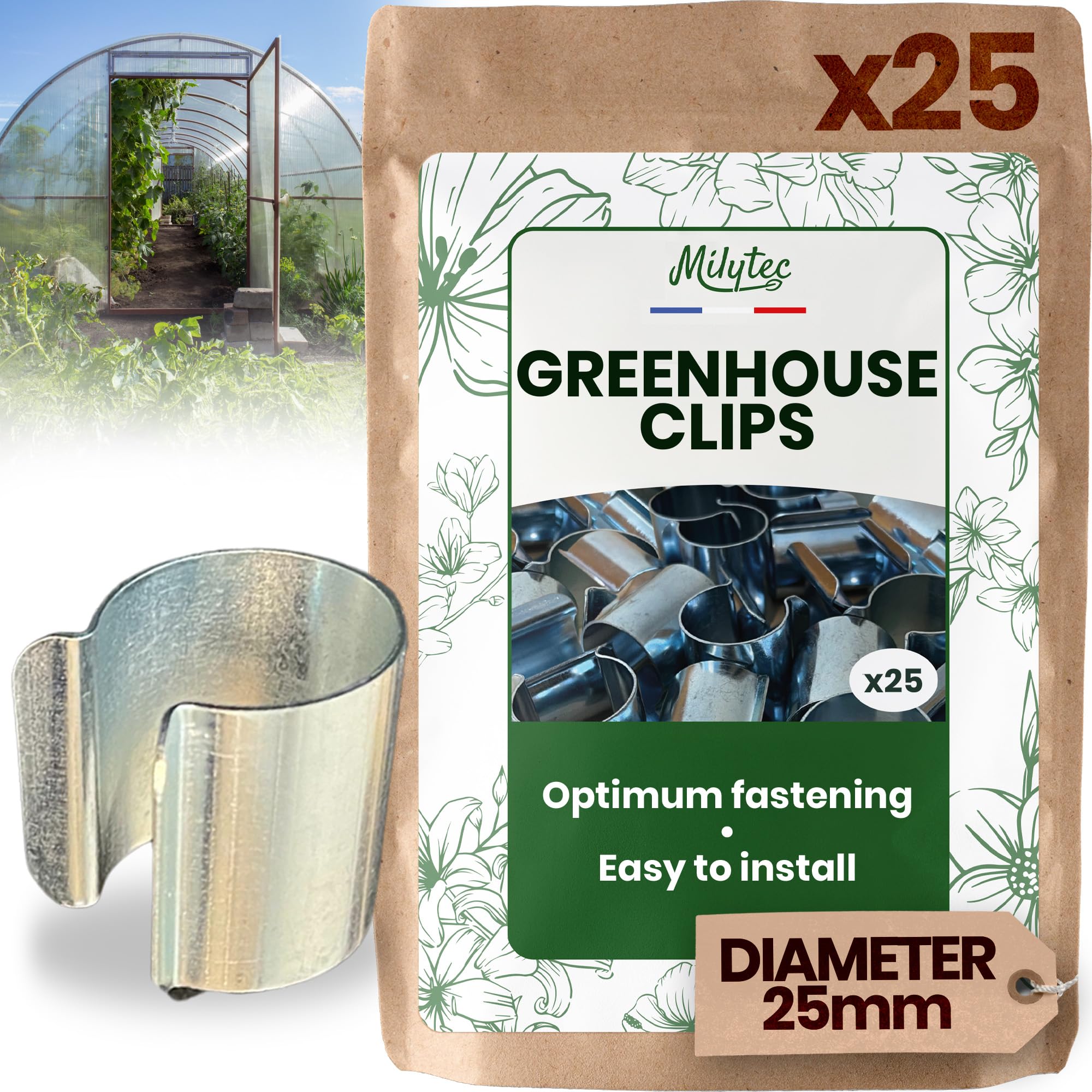 MILYTEC® Greenhouse Clips x25 - Heavy Duty Galvanised Steel Greenhouse Fixing Clips for Secure Plant Protection - Windproof Tarpaulin Clips for Tunnels - Storm Resistant Garden Cover Clips