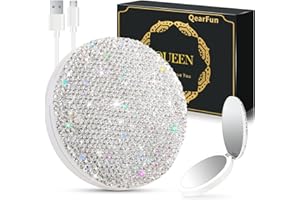 QearFun Luxurious Rhinestone LED Lighted Compact Mirror,Bling Portable Travel Makeup Mirrors,3.5 inch Rechargeable Mini Magnifying Pockets Mirror,Sparkly Beauty for Women,Wedding Favors for Guests