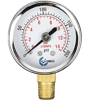 Pressure Gauge, Chrome Plated Steel Case, Dry, 0-200 psi/kPa, Lower Mount 1/8" NPT, Air Gauge for Air Tank Accessory W10055