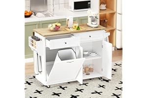 FINGERTIP WD Large Kitchen Island with Drop Leaf,Kitchen Rolling Trash Cabinet Tilt Out 10 Gallon Storage W/2 Drawers,Movable Carts on Wheels with Spice Rack&Towel Rack for Home, Kitchen and Dining Room(White)