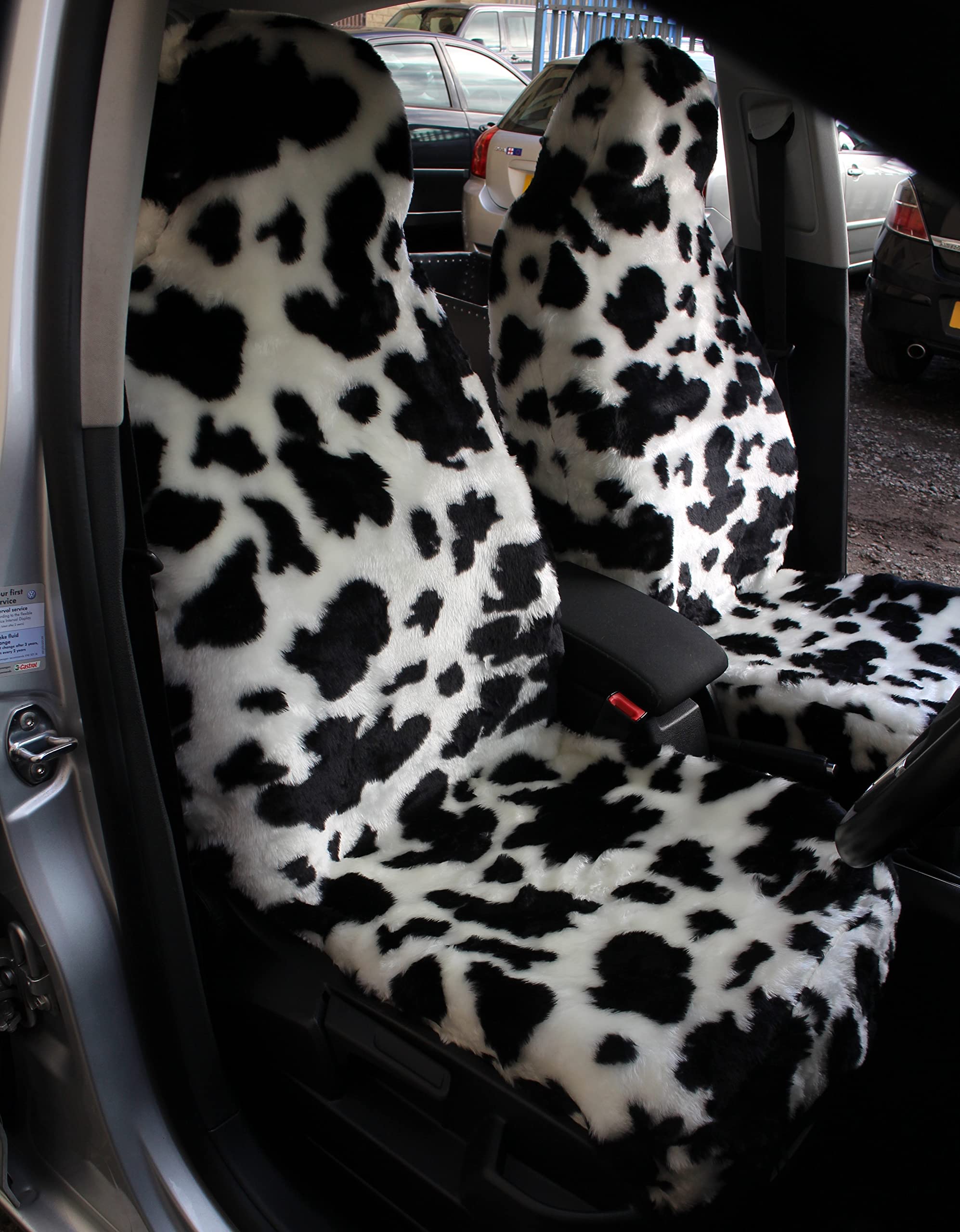 Carseatcover-UK Front Pair of Faux Fur Furry COW PRINT Car Seat Covers - Universal Fit - Suitable for Cars, Vans, MPV's SUV's