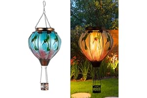 BUARO8AGA Hummingbird Hot Air Balloon Hanging Solar Lantern Lights, Flickering Flame Solar LED Candle Lights Outdoor Garden Decorative Metal & Glass Waterproof Lanterns for Yard Patio Farmhouse Decoration