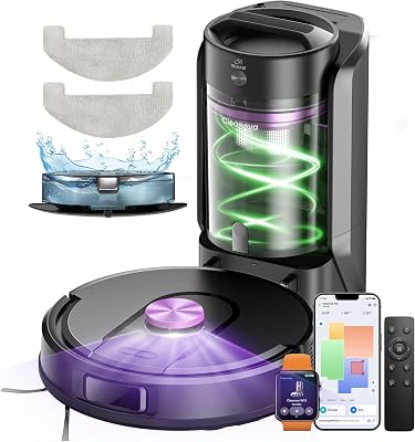 W15 Robot Aspirador 10000Pa, con Fregona y 5 Mapa Inteligente, Autonomía 180Min, Fácil Programa, 4L Base Autovaciado sin Bolsa, Robot Aspiradora Fregadora para Suelos/Alfombras/Partícula