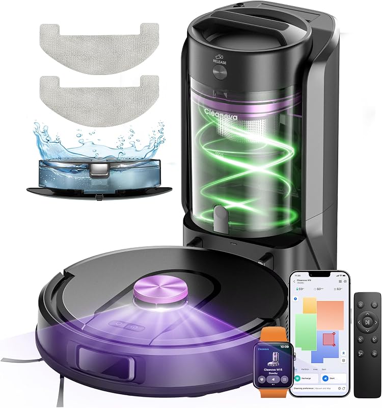 W15 Robot Aspirador 10000Pa, con Fregona y 5 Mapa Inteligente, Autonomía 180Min, Fácil Programa, 4L Base Autovaciado sin Bolsa, Robot Aspiradora Fregadora para Suelos/Alfombras/Partícula