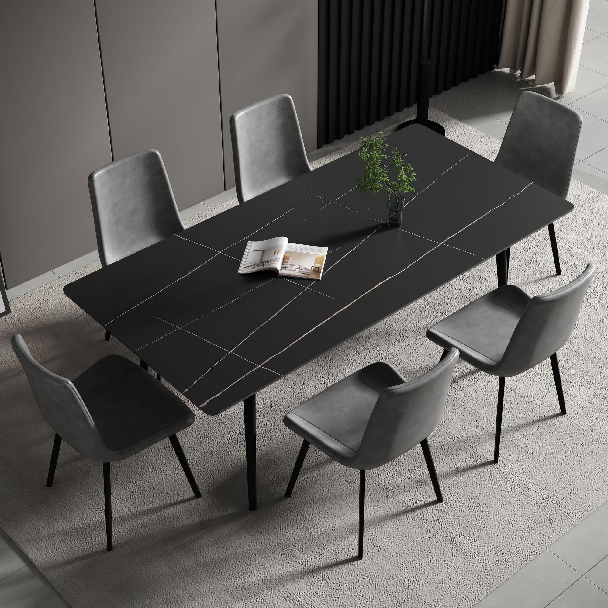 Modern Sintered Stone Dining Table, 79" Black Luxury Marble Dining ...