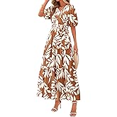 PRETTYGARDEN Women's Summer Maxi Dress 2026 Resort Wear Boho Floral V Neck Puff Short Sleeve Ruffle Flowy Beach Long Dresses