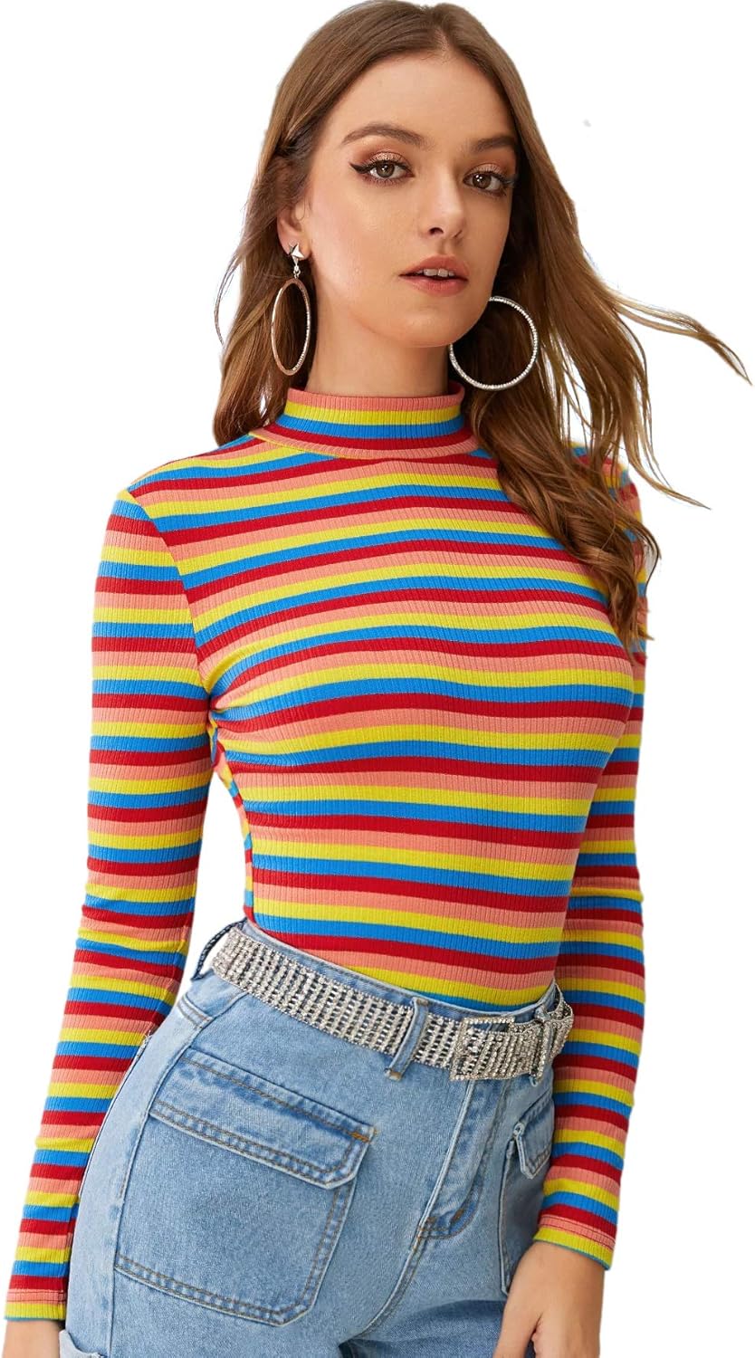 Floerns Women's High Neck Long Sleeve Slim Fit Stretch Striped T-Shirts at  Women’s Clothing store