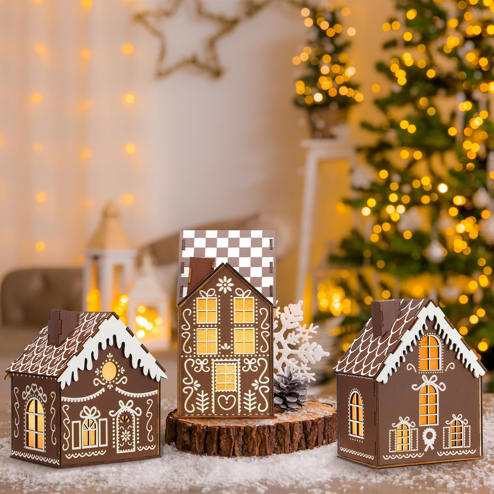 Photo 1 of *** CHECK COMMENTS*** Leinuosen 3 Pcs Christmas Lighted Gingerbread House Indoor Decoration Wooden Gingerbread House with LED Light for Tabletop Centerpiece for Xmas Gift Farmhouse Home Table Decor Party Favor