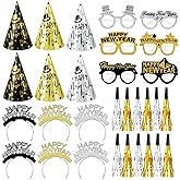 36 Pieces 2026 New Years Eve Party Supplies Include 6 Happy New Year Cone Hats 6 Glitter Tiaras 12 New Years Paper Eyeglasses and 12 Gold Silver Noise Makers for 2025 Happy New Year Party Decorations