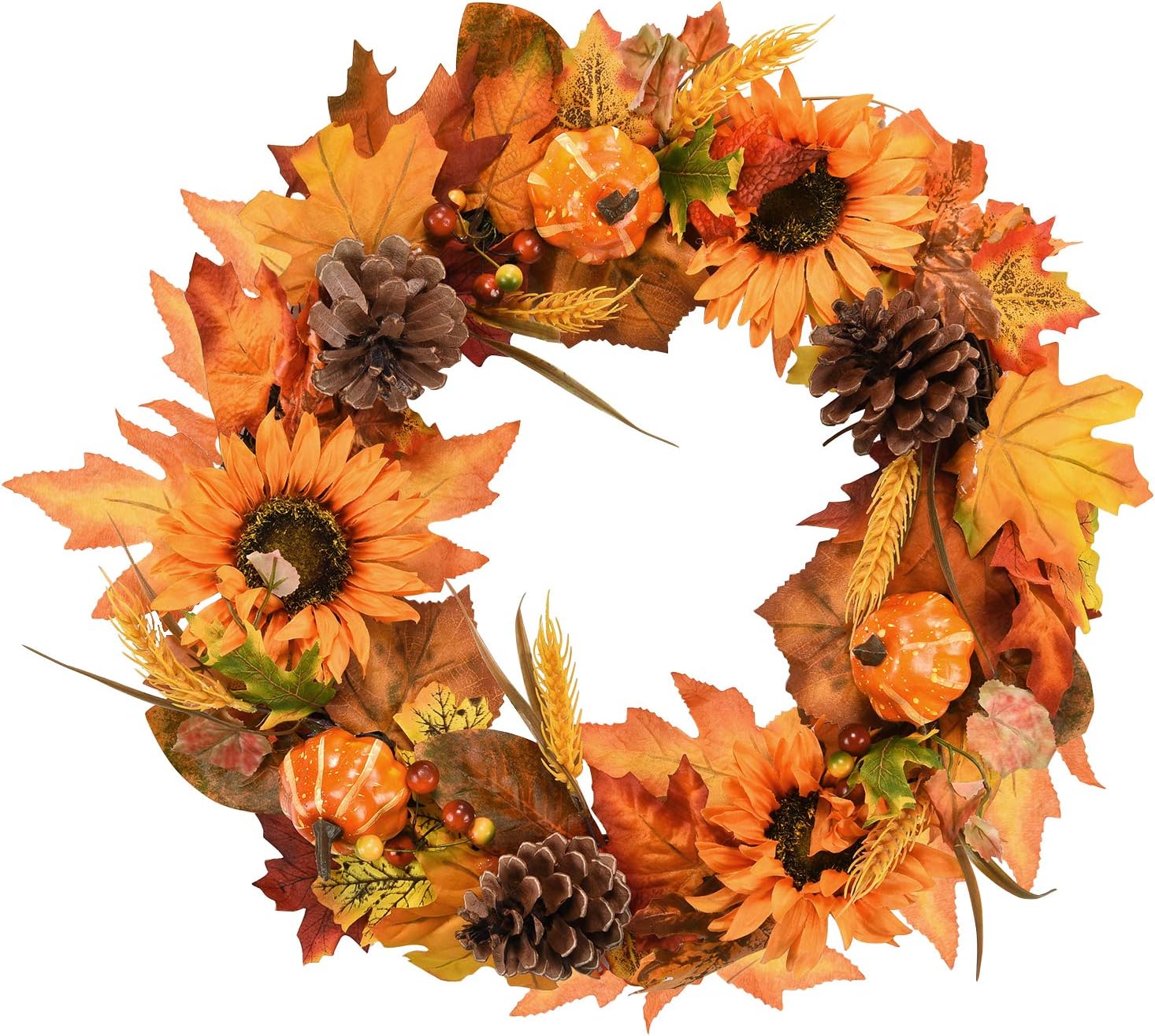 Amazon Com Shiny Flower Artificial Halloween Wreath Natural Fake Sunflowers Pine Cone Wheat Pumpkins Maple Leaves Front Door Hanging Wreath Thanksgiving Day Indoor Or Outdoor Decoration Kitchen Dining