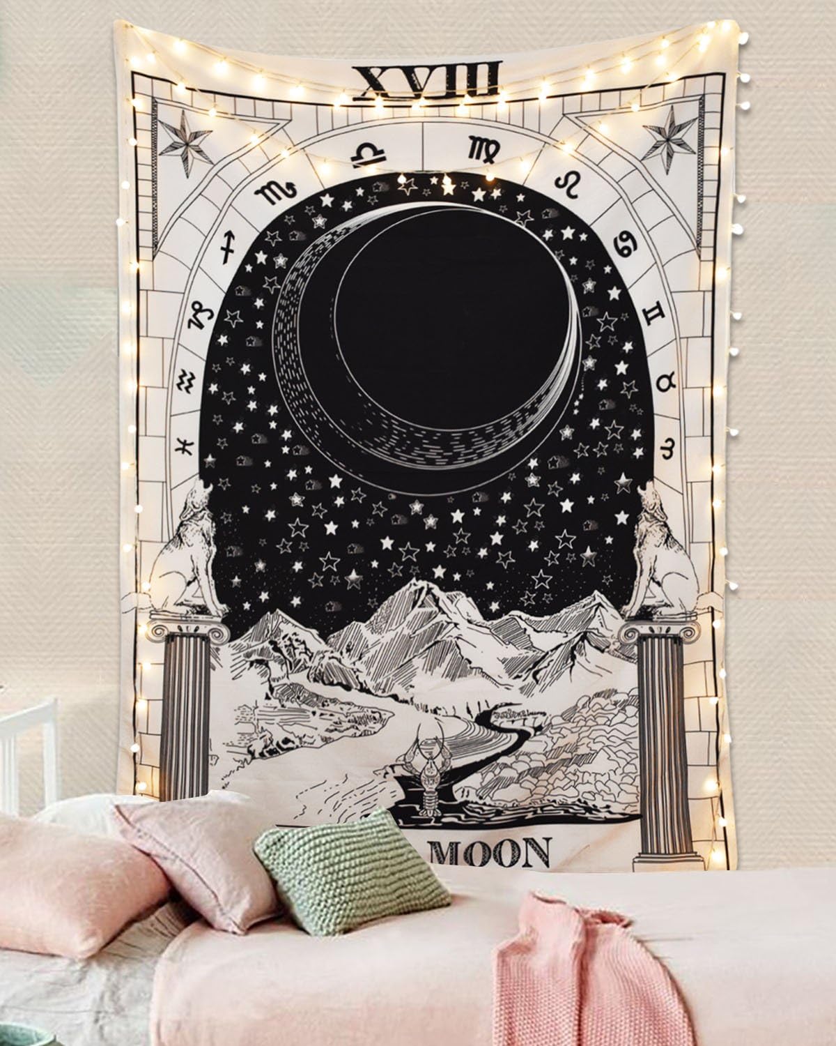 Romantic Tarot Tapestry The Moon The Star The Sun Tapestry Medieval Europe Divination Tapestry Wall Hanging Tapestries Mysterious Wall Tapestry for Home Decor (The Moon, 51"×59")