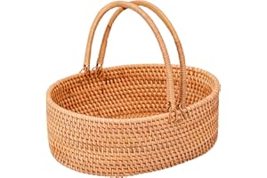 LALASUN Rattan Picnic Basket with Handles, Oval Wicker Gift Basket for Wedding, Camping(13.8”×10.2”×3.9”)