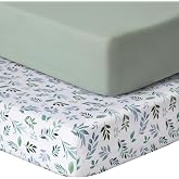 Pack and Play Sheets Fitted, 2 Pack Pack n Play Sheets for Graco Pack n Play Mattress, Unisex Playard Sheets for Boys Girls(Leaf &amp; Green, 38 X 26 Inch)