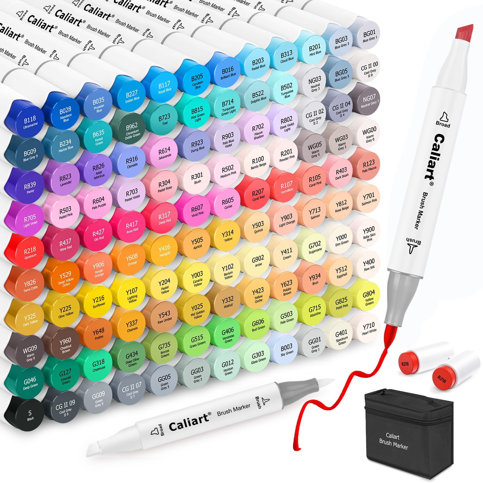 Caliart Alcohol Markers Brush Tip - 121 Colors Dual Tip Art Markers Set for Adult Coloring Books Artist Drawing Illustration Sketching, with Case Permanent Alcohol Based Colored Chisel & Brush Pens Image