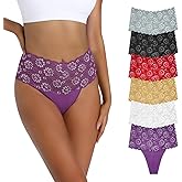 Yuamose High Waist Cotton Lace Thongs Underwear For Women Plus Size Full Coverage Tummy Control Panties High Rise Multipack