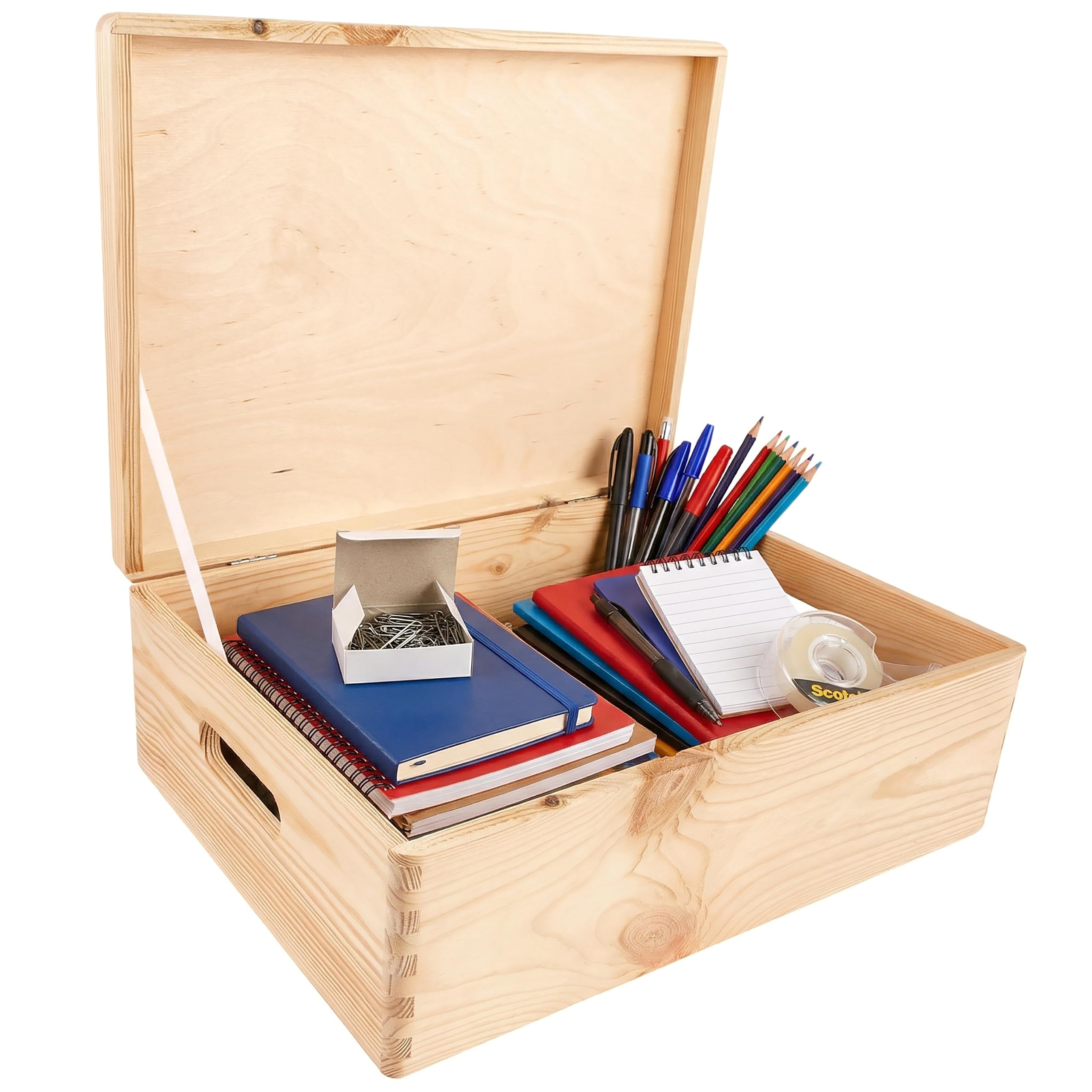 Creative Deco XL Large Plain Wooden Storage Box | 40 x 30 x 14 cm (+/-1 cm) | Hinged Lid & Handles | Unpainted Easter Gift Box Storage | UNSANDED Wood Keepsake Memory Craft Chest