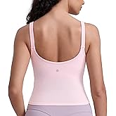CRZ YOGA Seamless Womens U Neck Longline Sports Bra - Thin Strap Padded Workout Crop Tank Ribbed Open Back Yoga Camisole Top