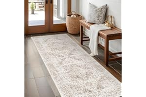 EISUROM Hallway 2x5 Runner Rug - Vintage Non-Slip Long Rug for Entryway Low-Pile Washable Medallion Rugs for Hallway Waterproof Traditional Indoor Thin Rugs for Kitchen (Beige)