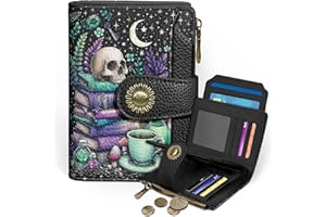 Icycay Goth Gothic Skull Small Wallet Women RFID Blocking Bifold, Credit Card Holder, Zipper Coin Pocket, PU Leather, Funny Witchy, Compact, Travel, 4 ID Window 14 Card Slots, Cash Purse, Ladies Woman