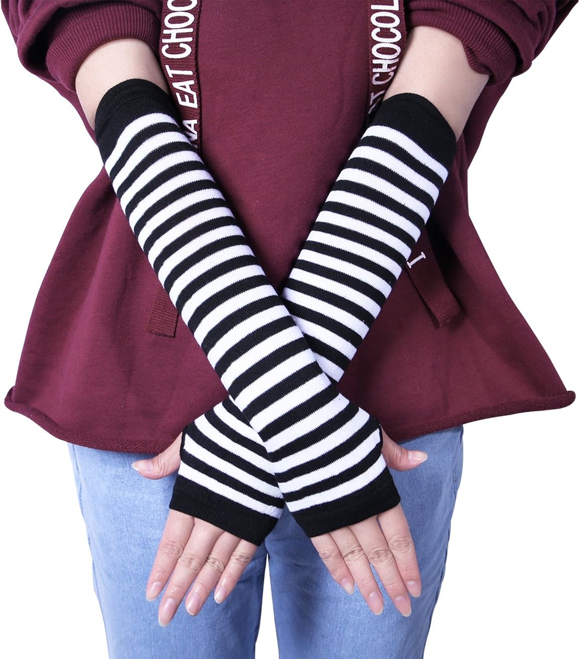 Amandir 2-4 Pairs Long Fingerless Gloves for Women Arm Warmers Knit Thumbhole Stretchy Gloves(Style 2) at  Women’s Clothing store