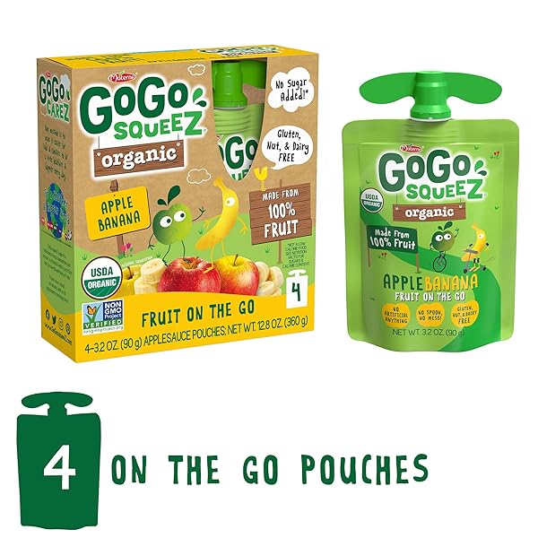 GOGO SQUEEZ ORGANIC APPLESAUCE, APPLE BANANA, 3.2 OUNCE (4 POUCHES), GLUTEN FREE, VEGAN FRIENDLY, UNSWEETENED APPLESAUCE, RECLOSEABLE, BPA FREE POUCHES