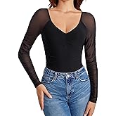 Avidlove Long Sleeve Bodysuit for Women Sexy V Neck Mesh Ruched Shapewear Body Suits Going Out Leotard Tops