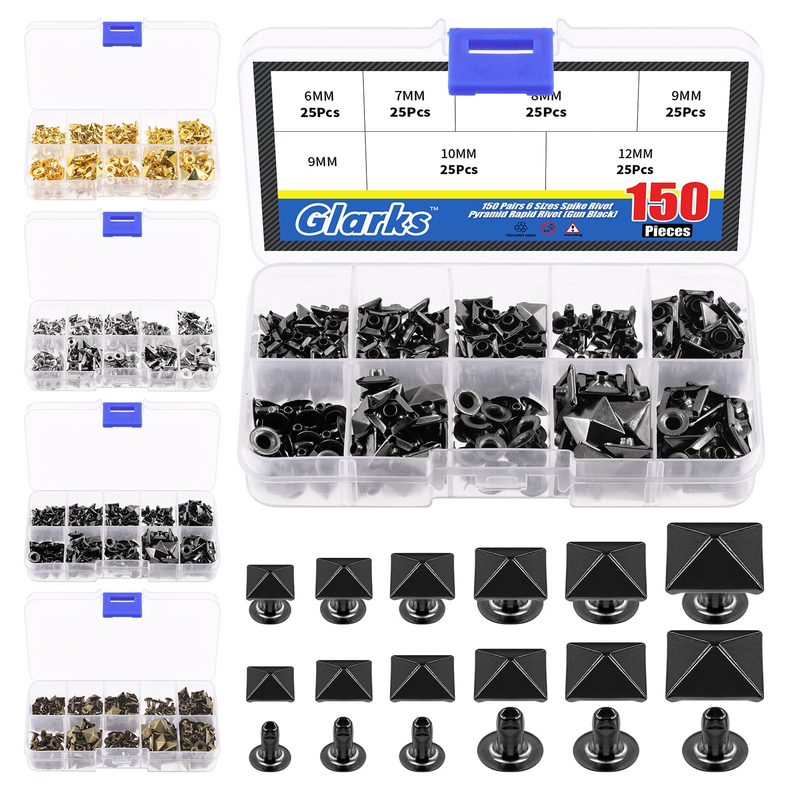 Glarks 150Pcs Gun Spike Rivet, 6mm 7mm 8mm 9mm 10mm 12mm Pyramid Rapid Rivet Studs Square Punk Spikes Leather Craft Decoration for Clothing Belts Bags Shoes