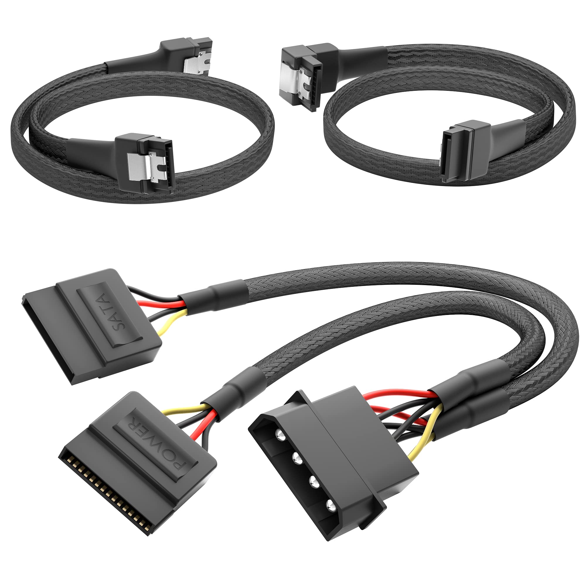 KabelDirekt – 30cm 4-pin Molex to 2 x 15-pin SATA power cable + 60cm 7-pin SATA-3 data cable 6 Gbit/s 90° angled + 60cm 7-pin straight