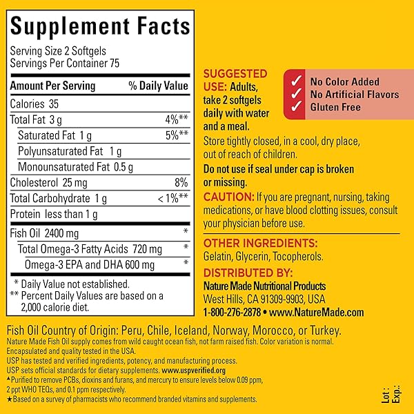 NATURE MADE FISH OIL OMEGA 3 SUPPLEMENTS, 1200 MG SOFTGELS, OMEGA 3 FISH OIL FOR HEALTHY HEART SUPPORT, 150 SOFTGELS, 75 DAY SUPPLY