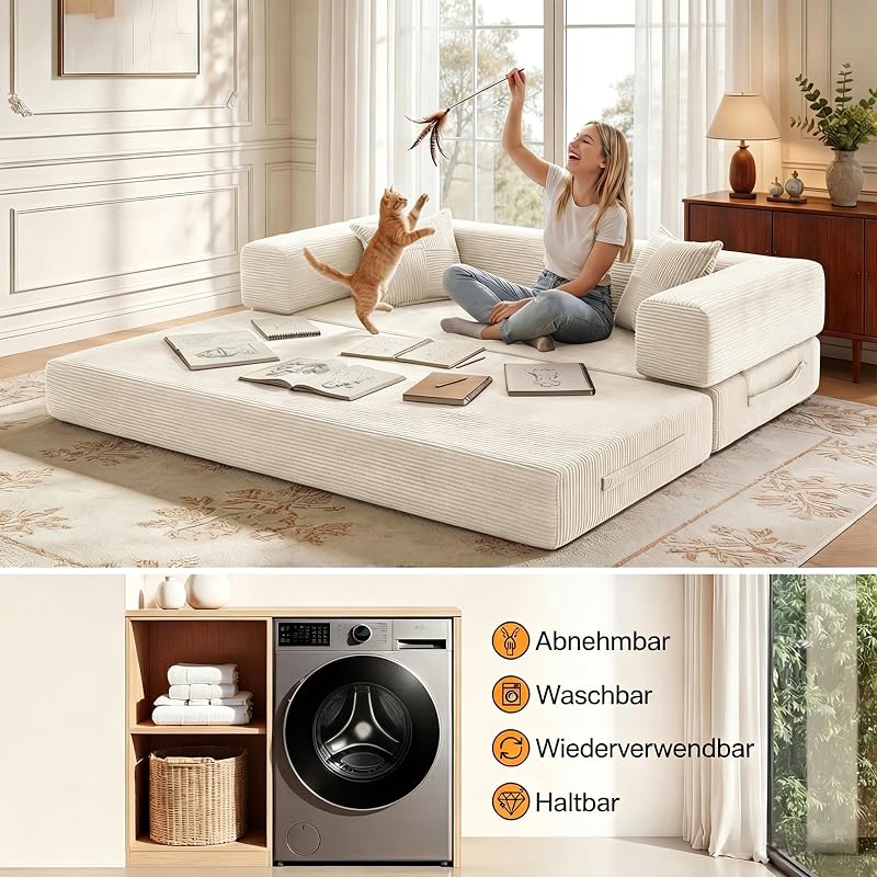 200cm Modulares Sofa, aus Hochwertiges Cord mit Hochdichter Schaumstoff, 5-in-1 Umwandelbares Vielseitig 3-Sitzer Schlafsofa für das Wohnung, Weiß
