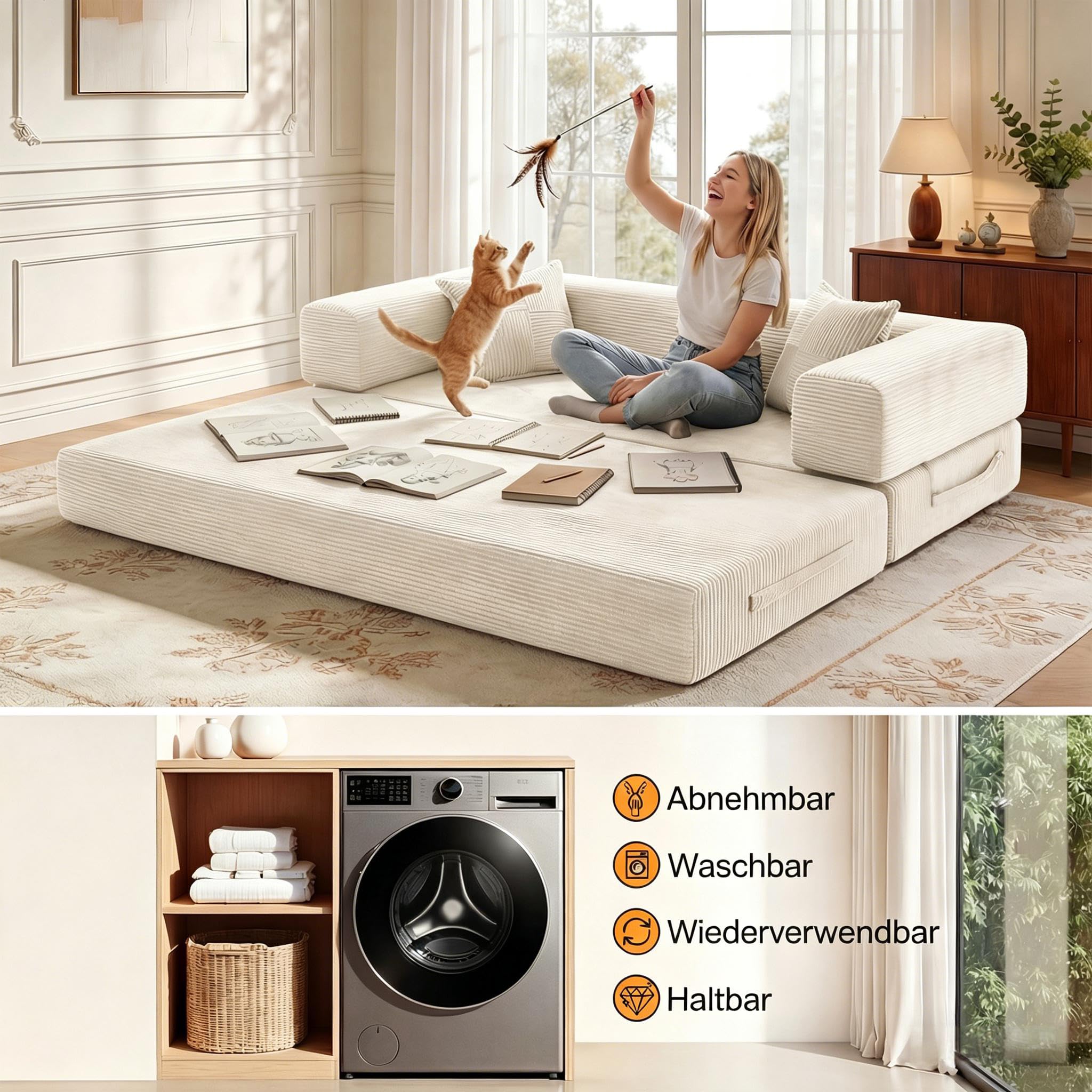200cm Modulares Sofa, aus Hochwertiges Cord mit Hochdichter Schaumstoff, 5-in-1 Umwandelbares Vielseitig 3-Sitzer Schlafsofa für das Wohnung, Weiß