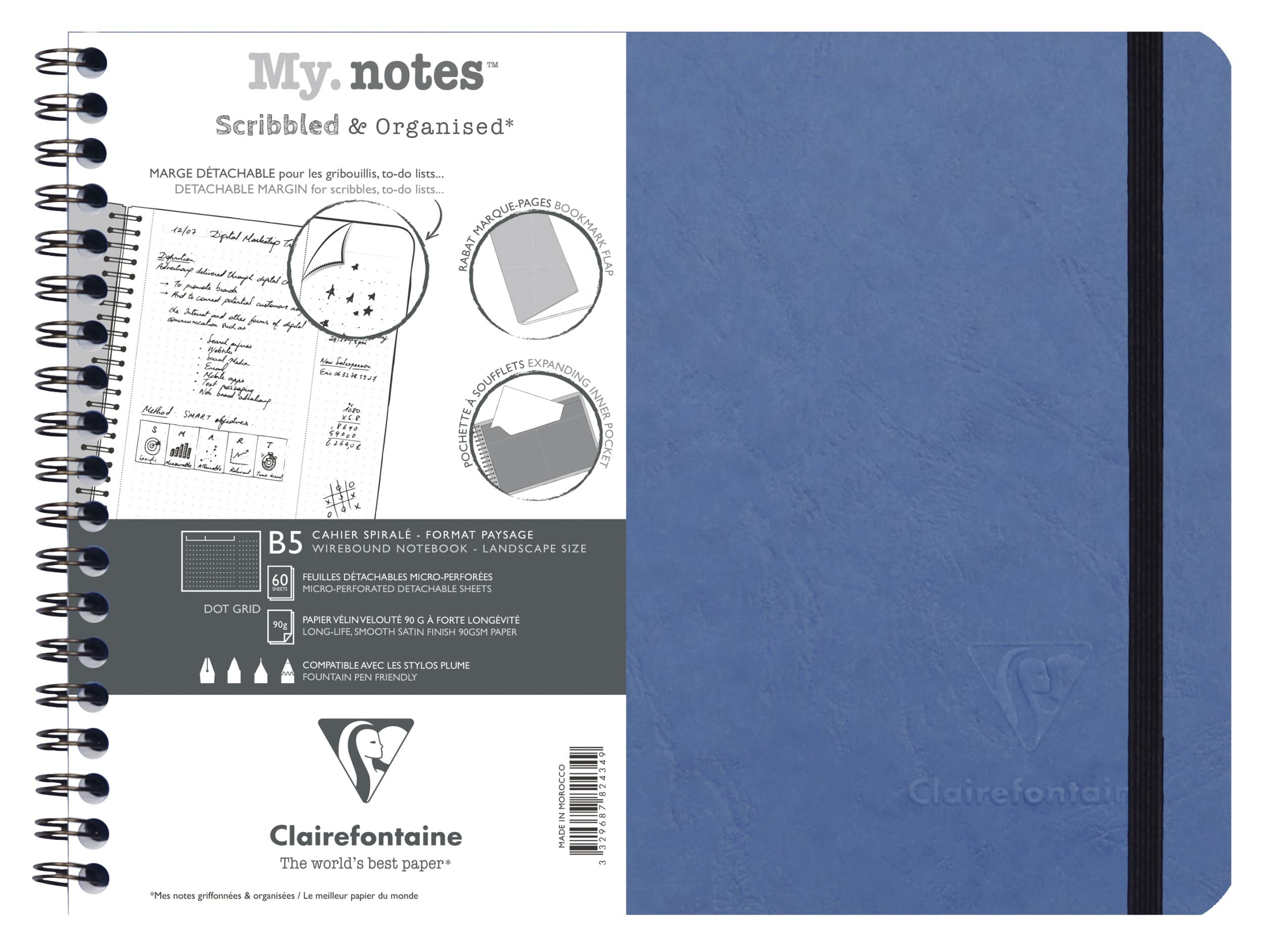 Clairefontaine 782434C Age Bag MyNotes Blue Spiral Notebook w/ Margins - B5 25x19 cm - 120 Detachable Pages DOT - 90gsm White Paper - Grain Leather Card Cover