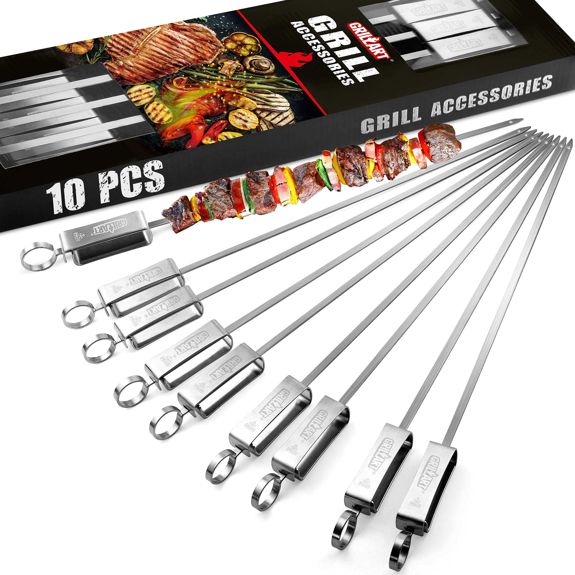 GRILLART Kabob Skewers for Grilling - Metal Skewers for Kabobs with Slider - Flat BBQ Skewers Stainless Steel - 17