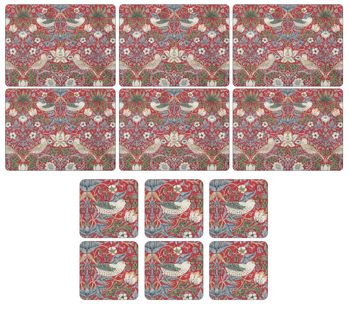 Pimpernel - Wm Morris Strawberry Thief Red, 6 Placemats + 6 Coasters