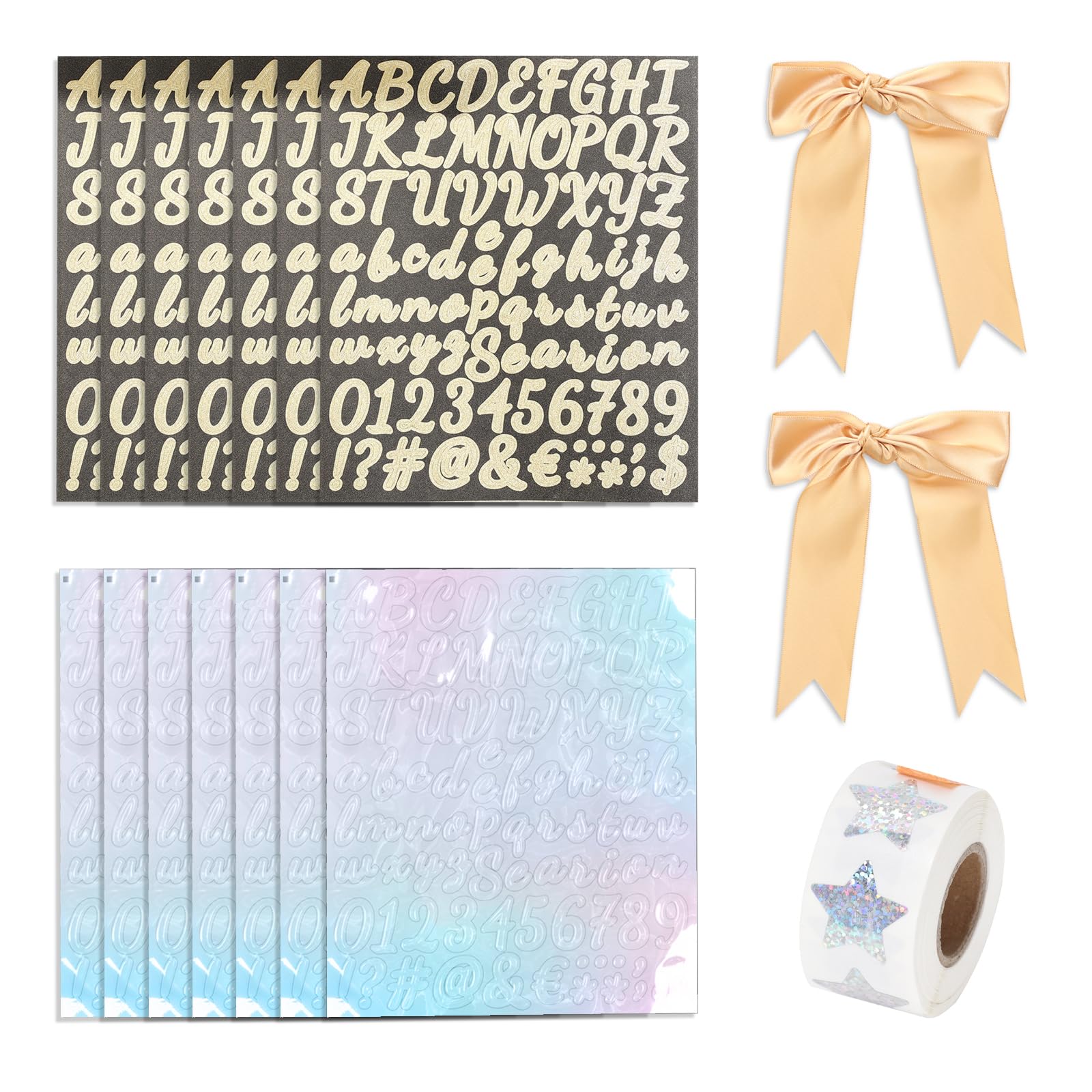 Graduation Cap Decorations Kit(7 Glitter Gold Letter Number Stickers and 7 Illusion Color Letter Number Stickers,1 Pair of Gold Bows,1 Roll Star Laser Style Stickers) for Graduation Cap DIY Art Craft