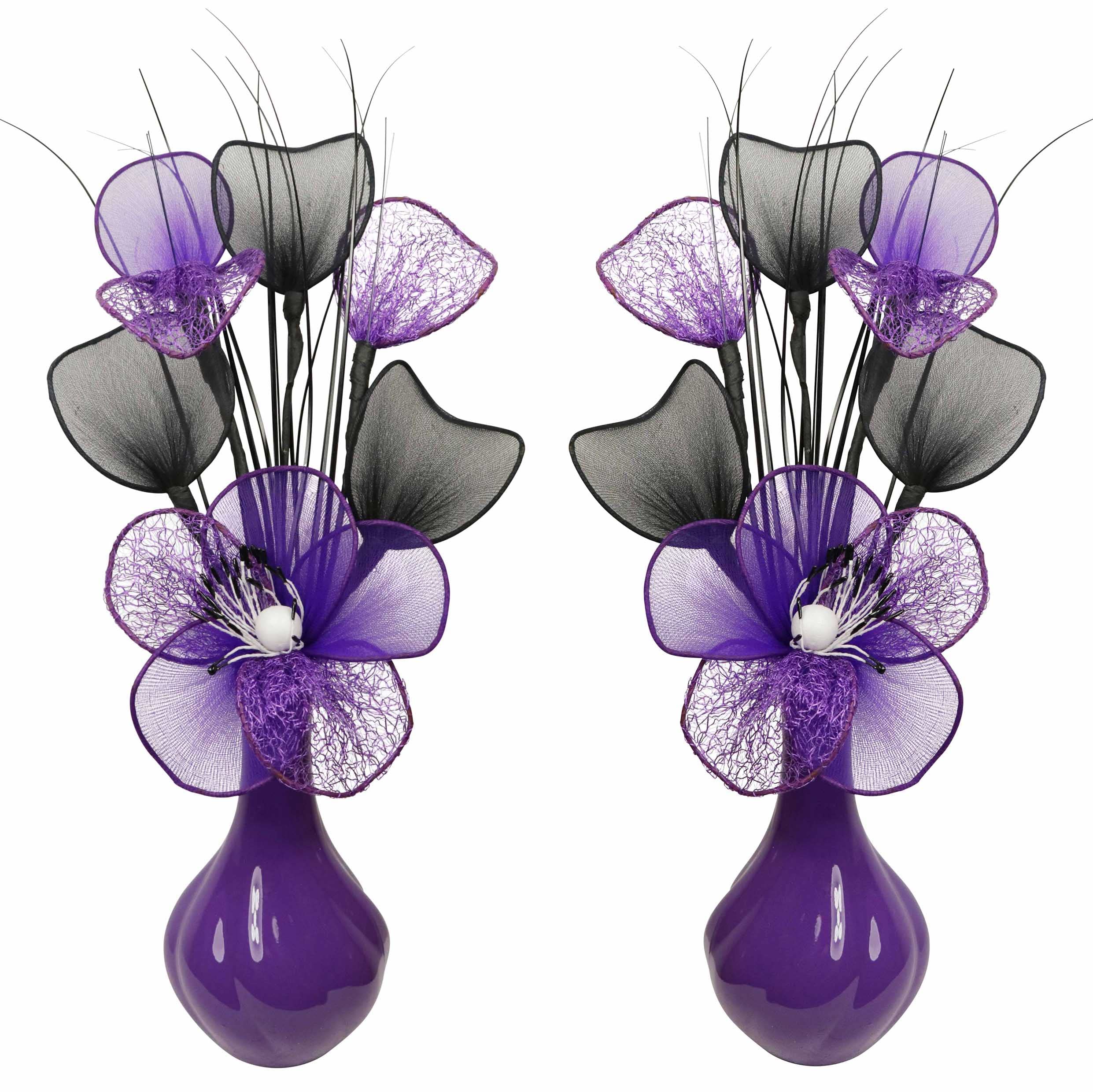 Room Decor by Flourish - MATCHING PAIR of Vases with Artificial Flowers - Cadbury Purple - Perfect for Home Decor, Living Room, Bedroom or Bathroom Ornament