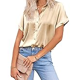 HOTOUCH Silk Button Down Shirts for Women Satin Short Sleeve V Neck Casual Work Office Blouse Tunic Tops